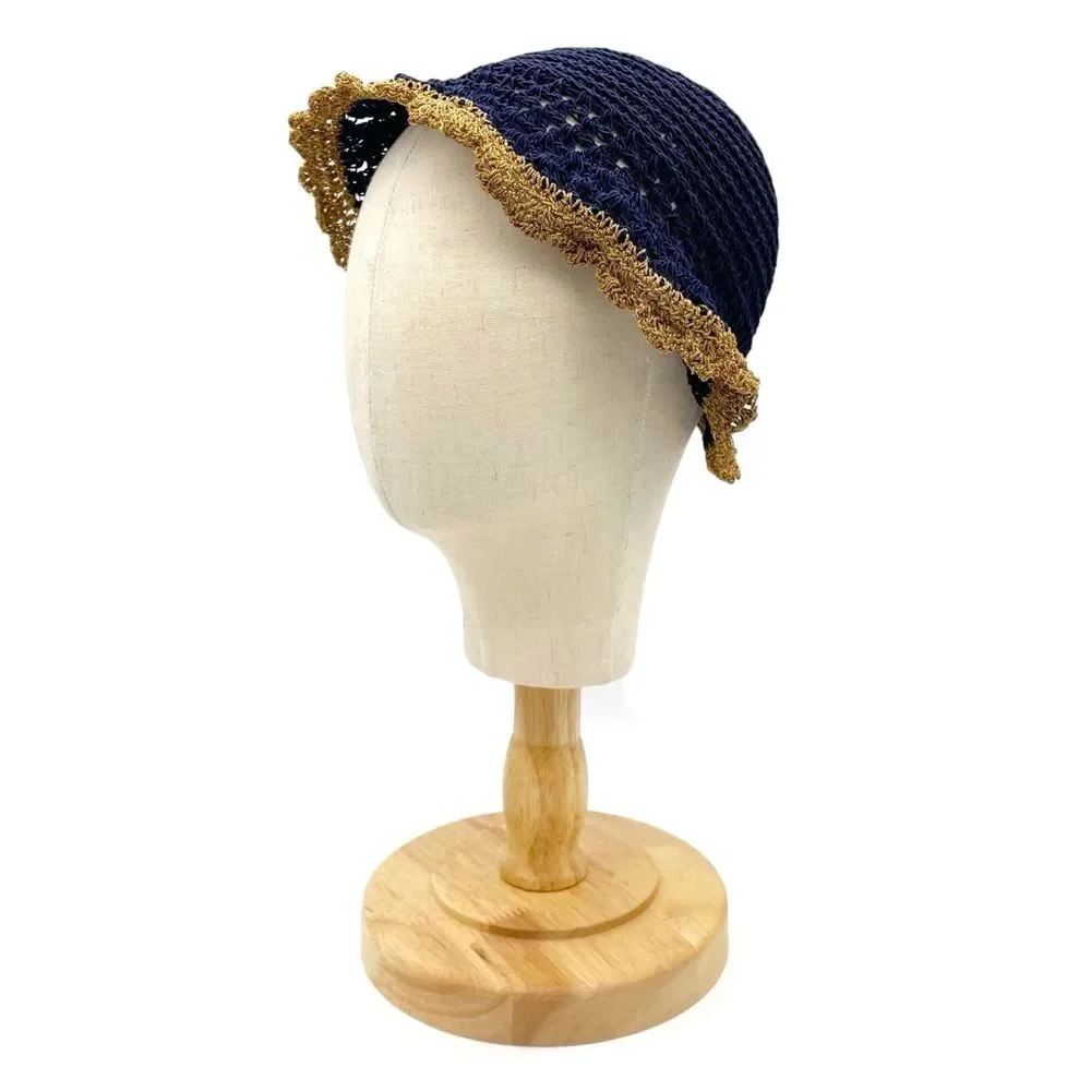 Vintage 1930s Navy Crochet Cloche Hat Gold Lace Trim Ribbon Bow Women’s One Size - Picture 2 of 14